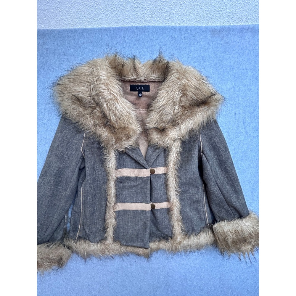 Q.U.E. Faux Fur Trimmed Jacket Charcoal Gray Faux Suede Lined Button Up Large